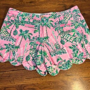 Lilly Pulitzer Buttercup Scalloped Hem Shorts Pink Green Tropical Palm Print 16